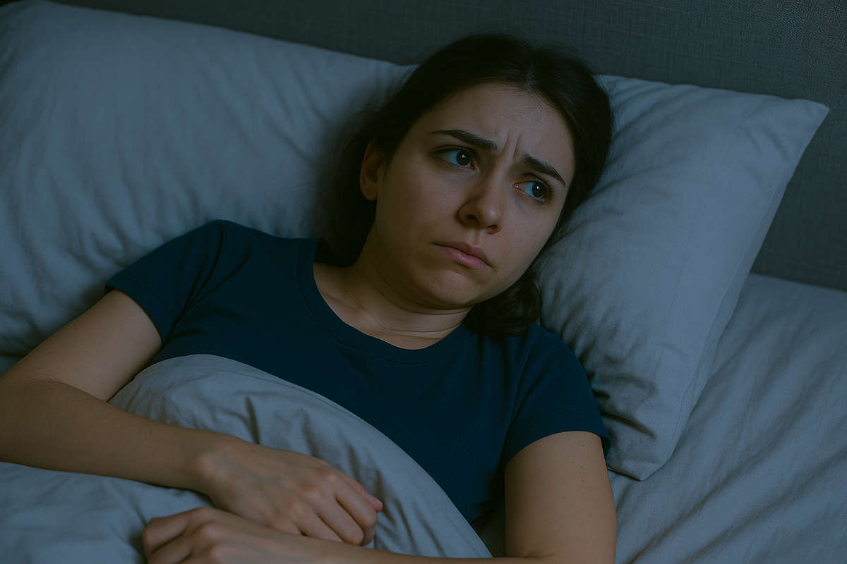 Frau die besorgt im Bett liegt und nicht schlafen kann