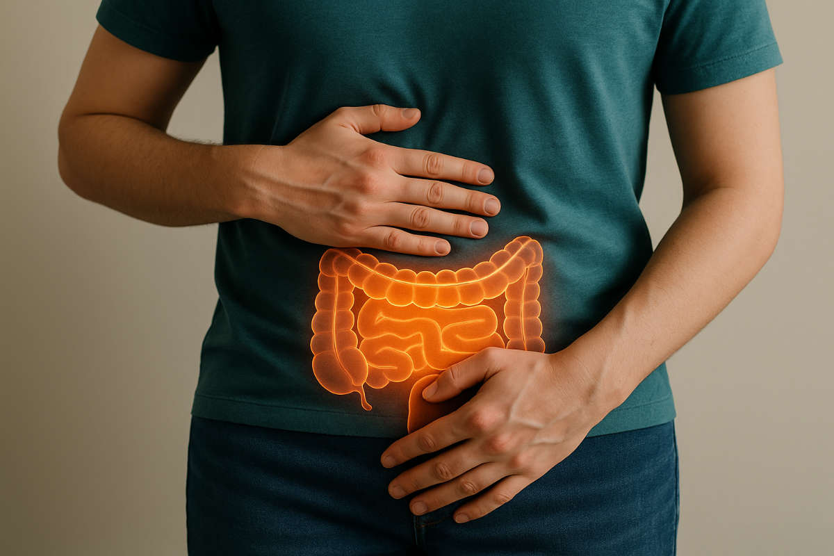 Frau mit stilisierten Darm vor dem Bauch