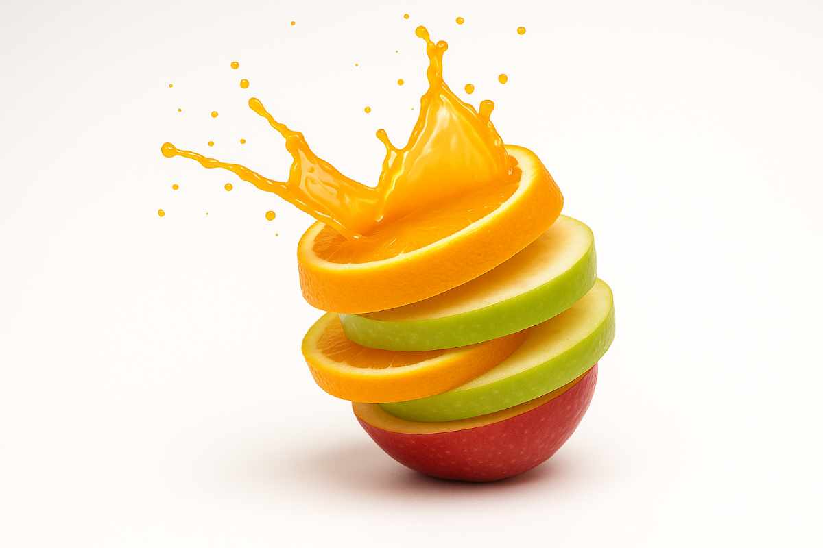 Obstscheiben aus denen Saft herausschießt